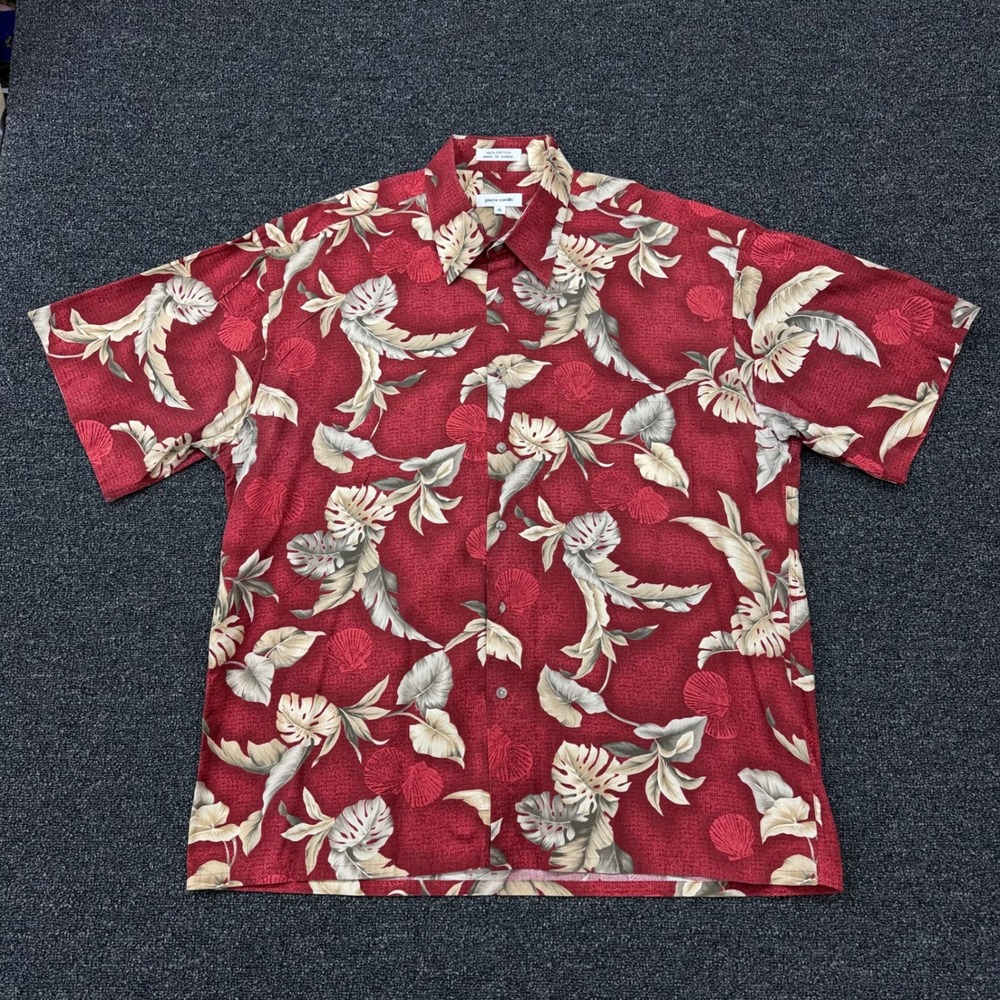 Vintage Pierre Cardin Hawaiian Camp Shirt Mens XL Red Tropical Shell %100 Cotton